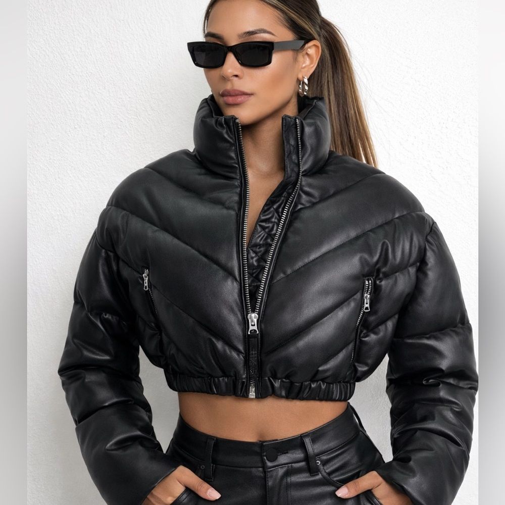 Black Cropped Puffer Jacket Faux Leather Zip Up High Neck Winter Coat Sz S Nwt